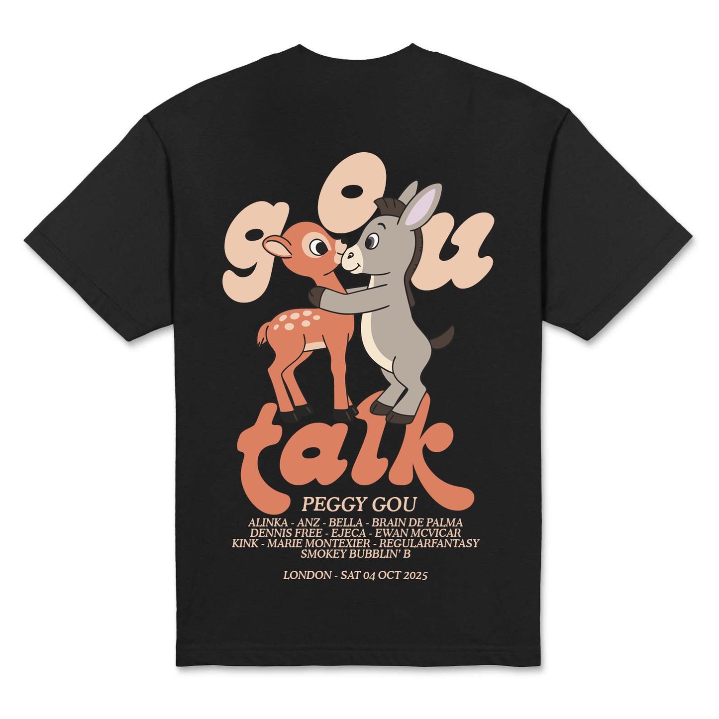 Black t-shirt with cartoon characters and text 