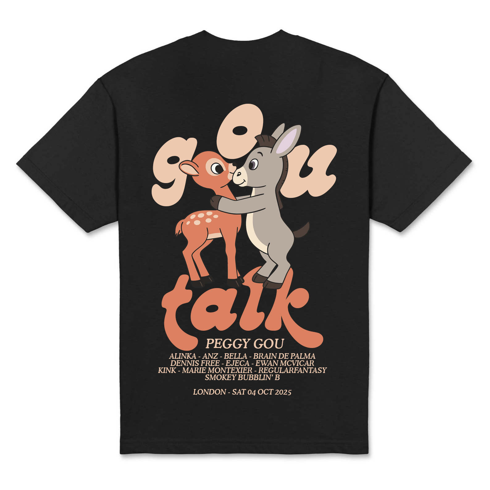 Black t-shirt with cartoon characters and text 