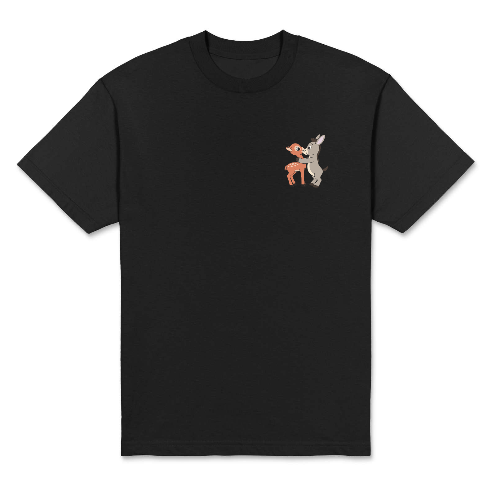Black t-shirt with a small graphic of two animals on the chest